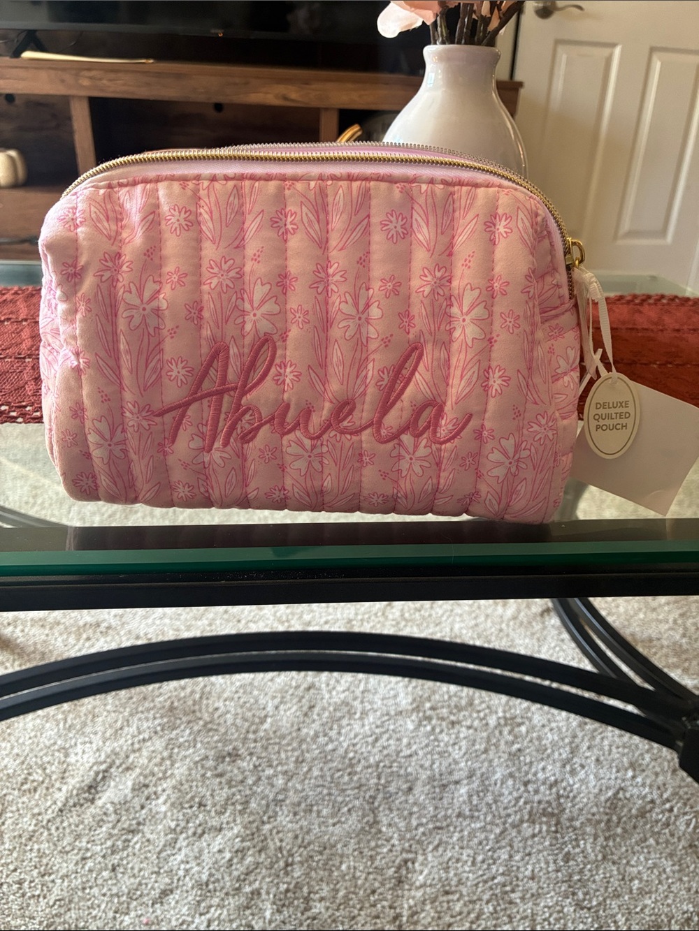 Personalized 'Abuela' Quilted Pink Cosmetic Pouch